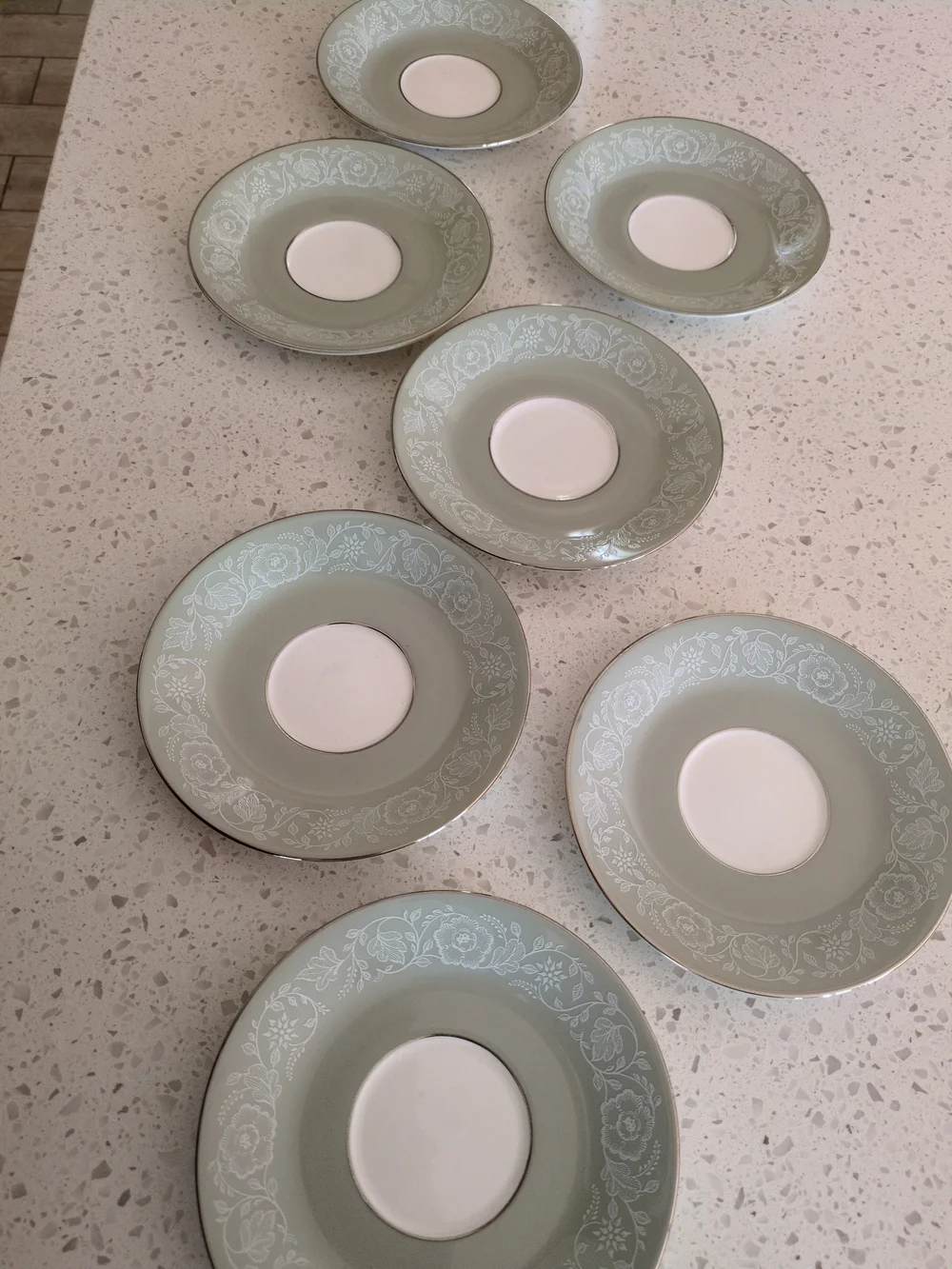 1968 Royal Worcester Made In England Elegant Sage Green Floral Saucer - Set of 7